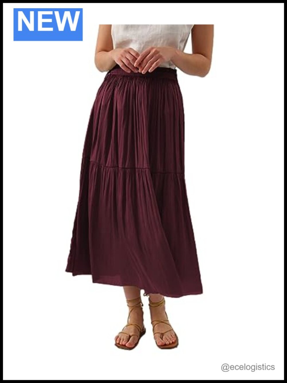 Pleated A-Line High Waist Midi Skirt Drawstring Elastic Waist